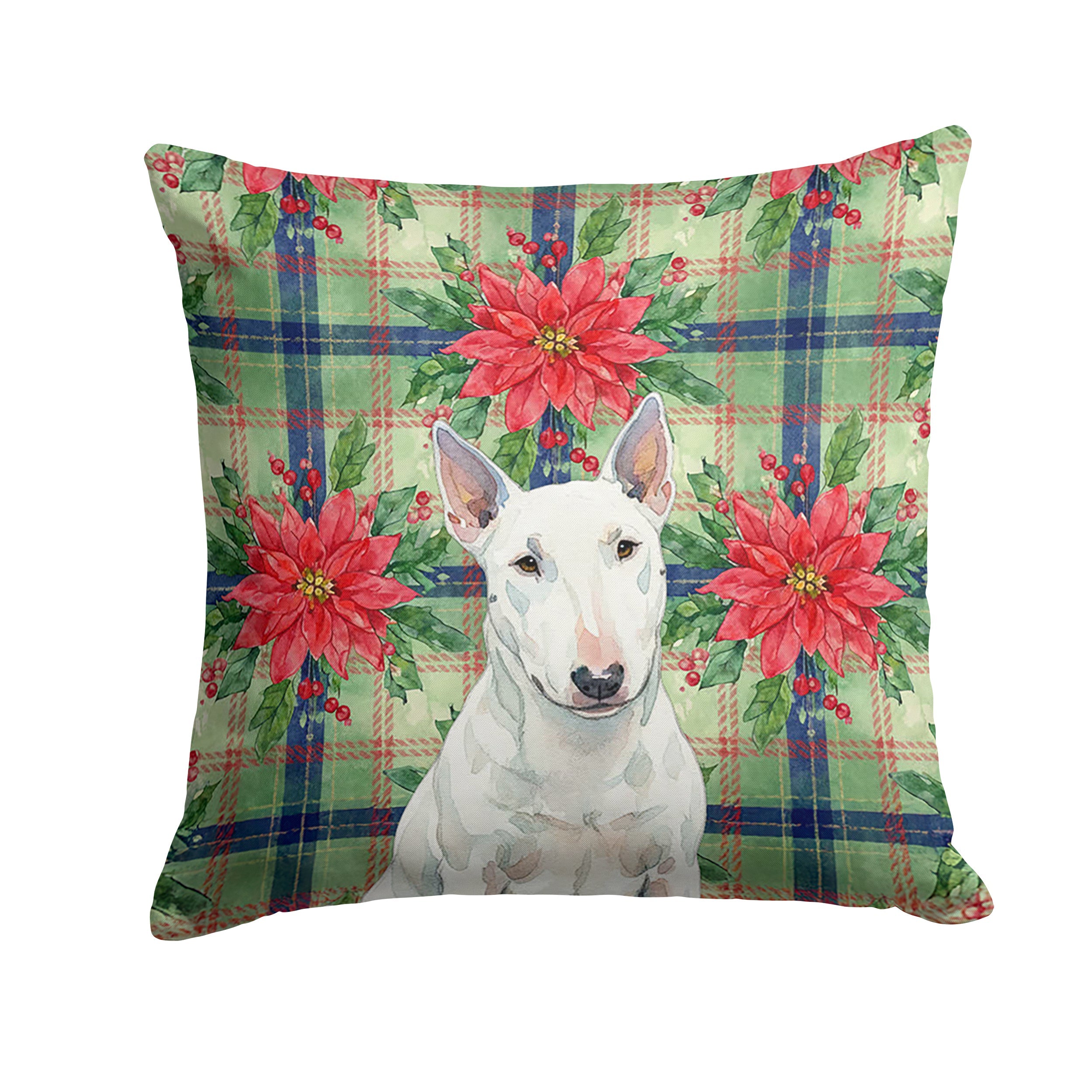 White Miniature Bull Terrier Christmas PoinsettIas Decorative Throw Pillow 18x18 Indoor Outdoor Accent Cushion, Fabric Cover with Insert for Sofa, Bed, Porch & Living Room