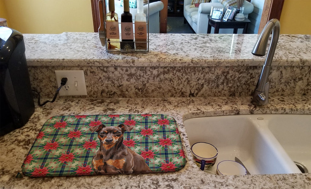 Chocolate and Rust Miniature Pinscher Min Pin Christmas PoinsettIas Dish Drying Mat Absorbent Dish Drying Mat Pad for Kitchen Counter Dish Drainer Mat for Countertop, 14 x 21", Multicolor