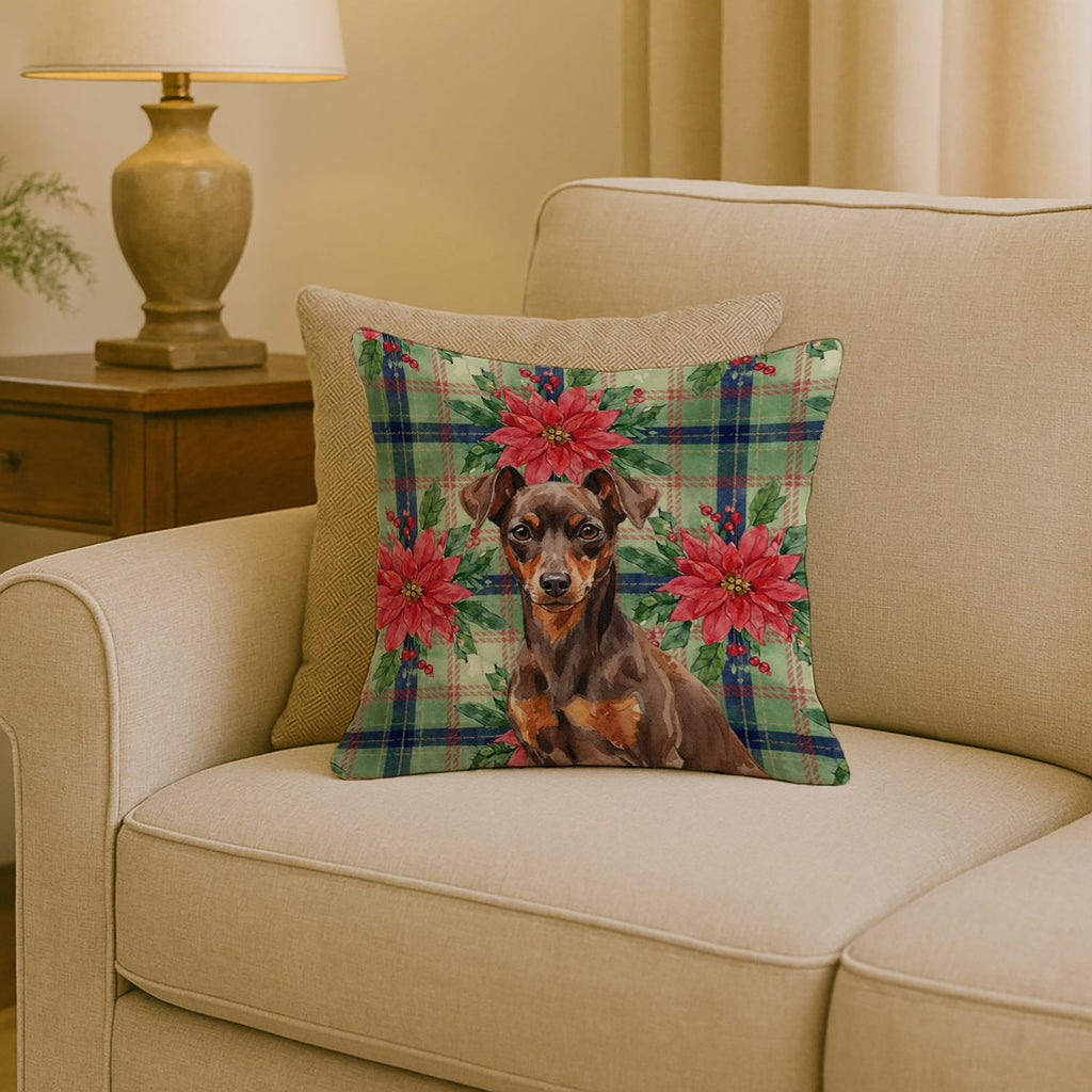 Chocolate and Rust Miniature Pinscher Min Pin Christmas PoinsettIas Decorative Throw Pillow 18x18 Indoor Outdoor Accent Cushion, Fabric Cover with Insert for Sofa, Bed, Porch & Living Room