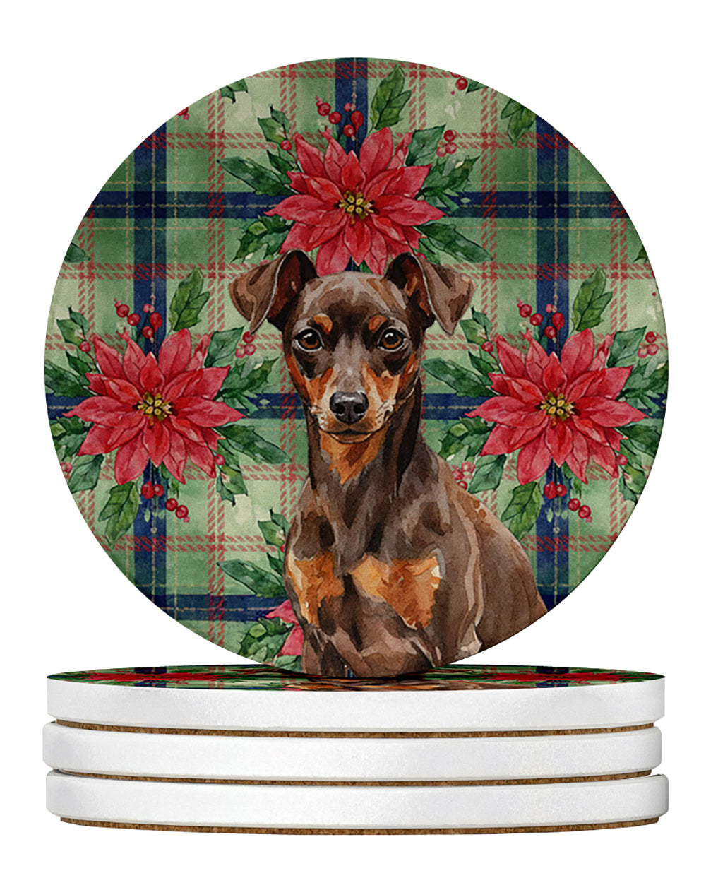 Chocolate and Rust Miniature Pinscher Min Pin Christmas PoinsettIas Large Sandstone Coasters Pack of 4 Absorbent Round Coasters Decor Gifts for Men or Women, 4 in, Multicolor