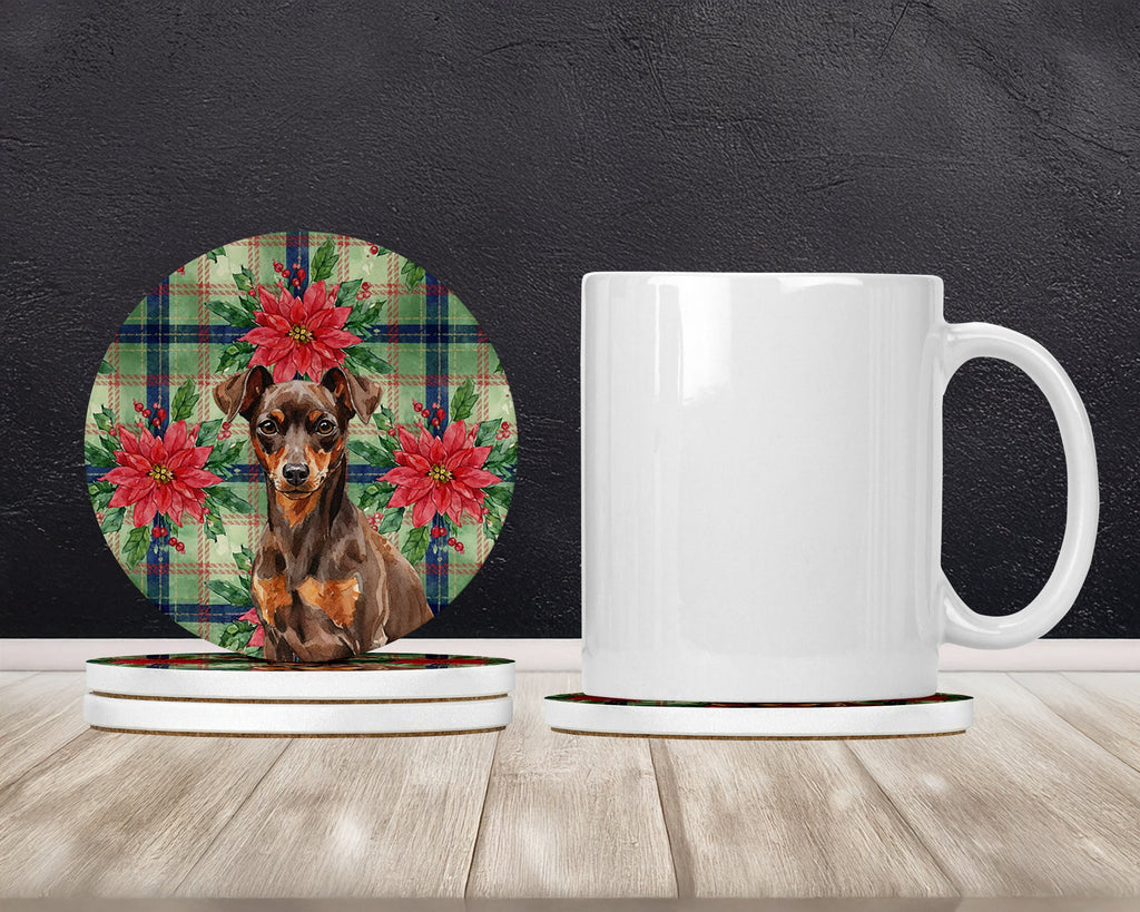 Chocolate and Rust Miniature Pinscher Min Pin Christmas PoinsettIas Large Sandstone Coasters Pack of 4 Absorbent Round Coasters Decor Gifts for Men or Women, 4 in, Multicolor