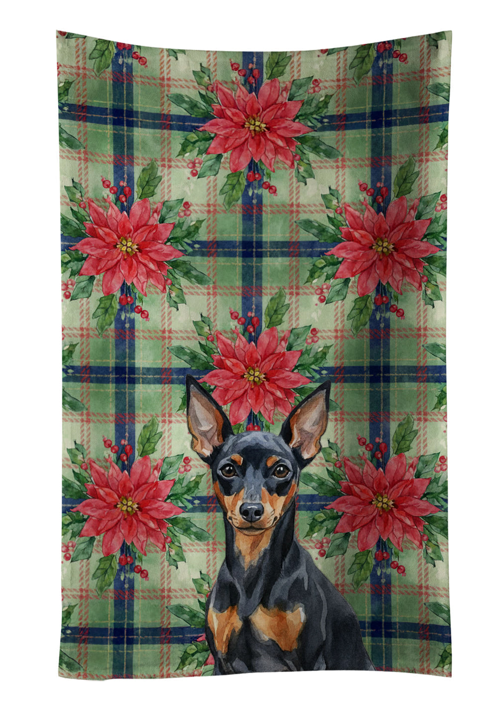 Black and Tan Miniature Pinscher Christmas PoinsettIas Kitchen Towel Velour Plush Front and Cotton Loop Back Machine Washable