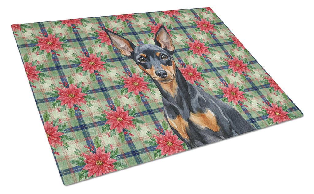 Black and Tan Miniature Pinscher Christmas PoinsettIas Cutting Board Tempered Glass Kitchen Cutting Surface, Heat Resistant Chopping, Non-Slip Feet, Food Prep & Serving