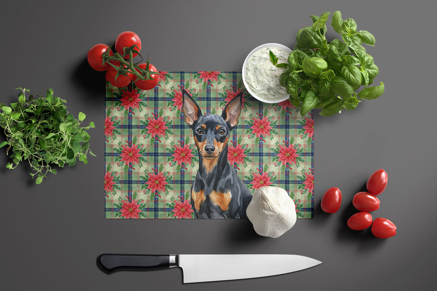 Black and Tan Miniature Pinscher Christmas PoinsettIas Cutting Board Tempered Glass Kitchen Cutting Surface, Heat Resistant Chopping, Non-Slip Feet, Food Prep & Serving