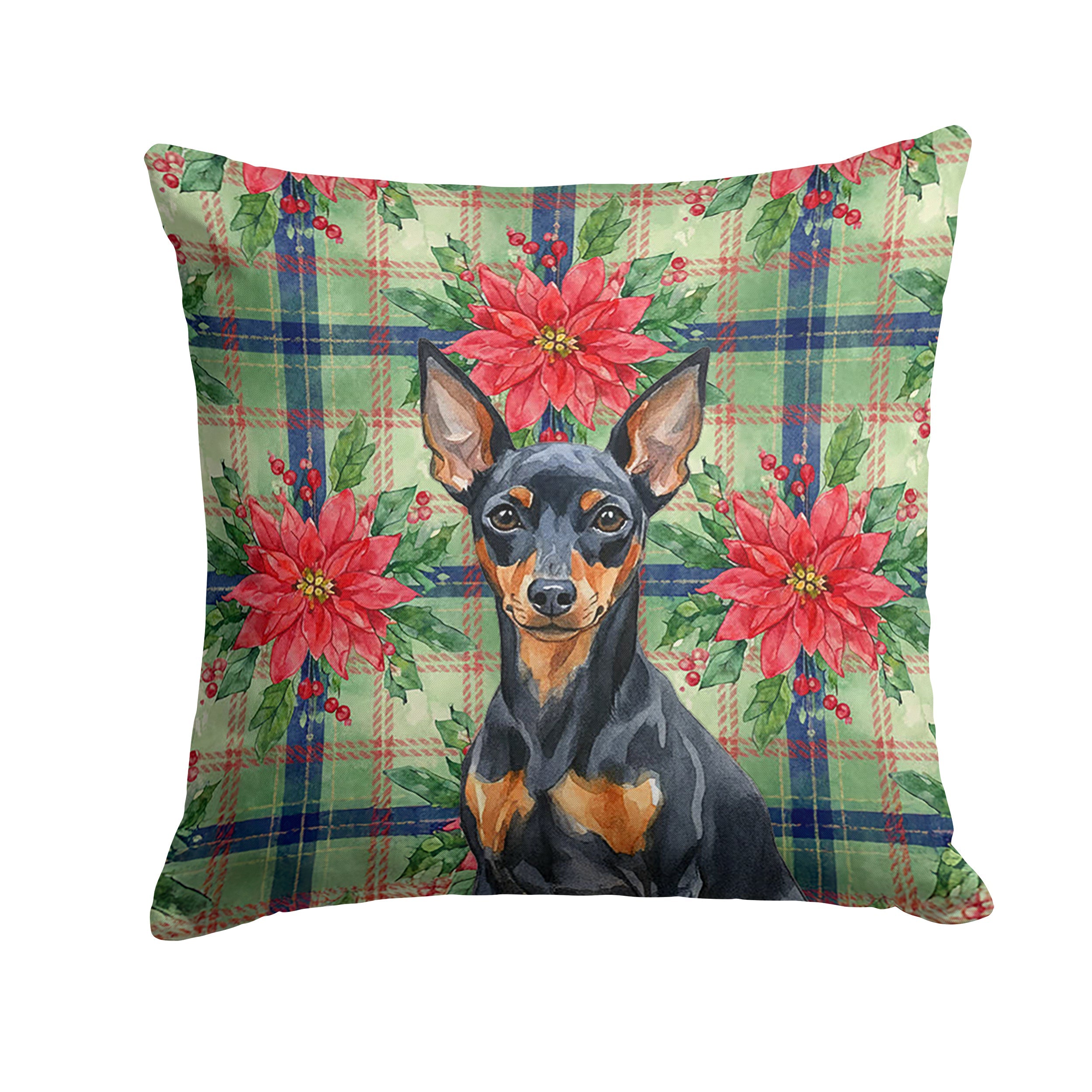 Black and Tan Miniature Pinscher Christmas PoinsettIas Decorative Throw Pillow 14x14 Indoor Outdoor Accent Cushion, Fabric Cover with Insert for Sofa, Bed, Porch & Living Room