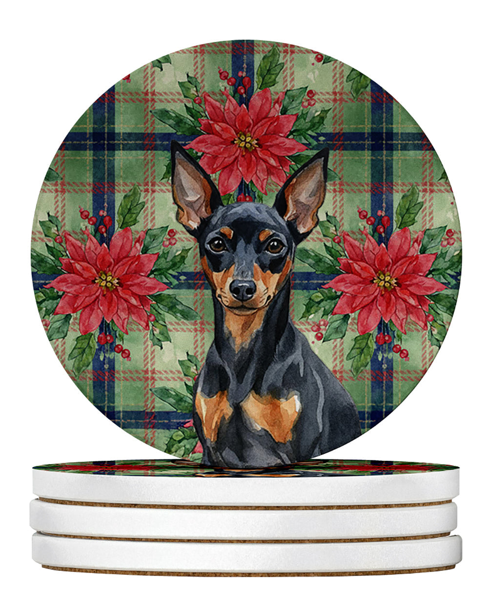 Black and Tan Miniature Pinscher Christmas PoinsettIas Large Sandstone Coasters Pack of 4 Absorbent Round Coasters Decor Gifts for Men or Women, 4 in, Multicolor