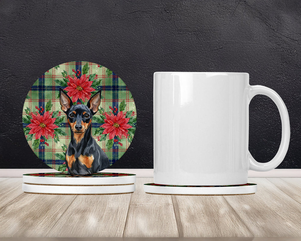 Black and Tan Miniature Pinscher Christmas PoinsettIas Large Sandstone Coasters Pack of 4 Absorbent Round Coasters Decor Gifts for Men or Women, 4 in, Multicolor