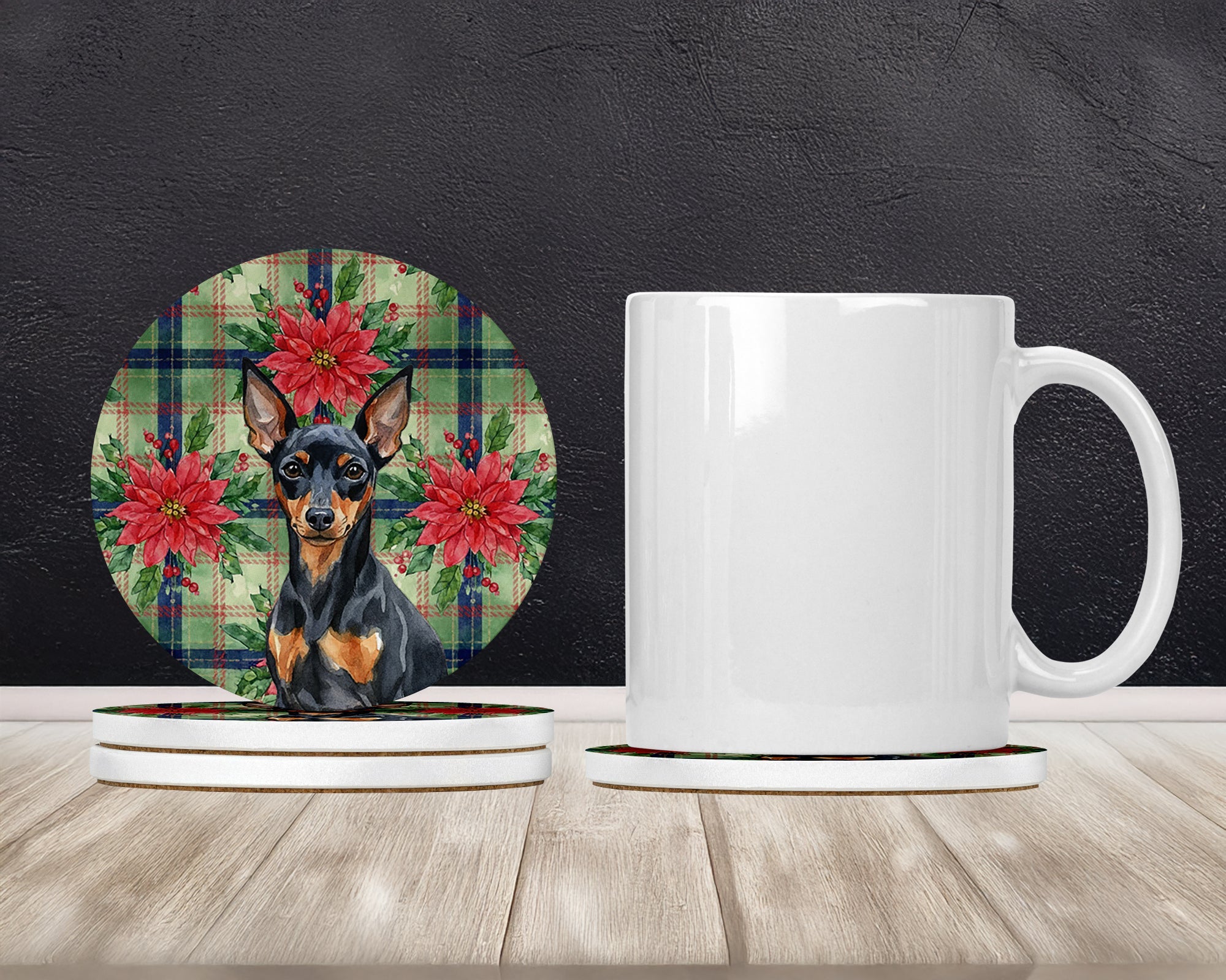 Black and Tan Miniature Pinscher Christmas PoinsettIas Large Sandstone Coasters Pack of 4 Absorbent Round Coasters Decor Gifts for Men or Women, 4 in, Multicolor