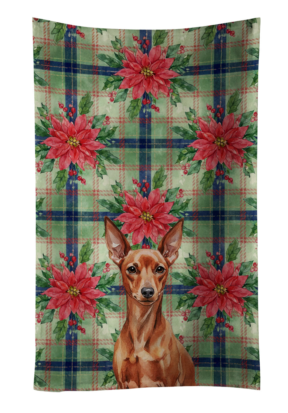 Red Miniature Pinscher Min Pin Christmas PoinsettIas Kitchen Towel Velour Plush Front and Cotton Loop Back Machine Washable