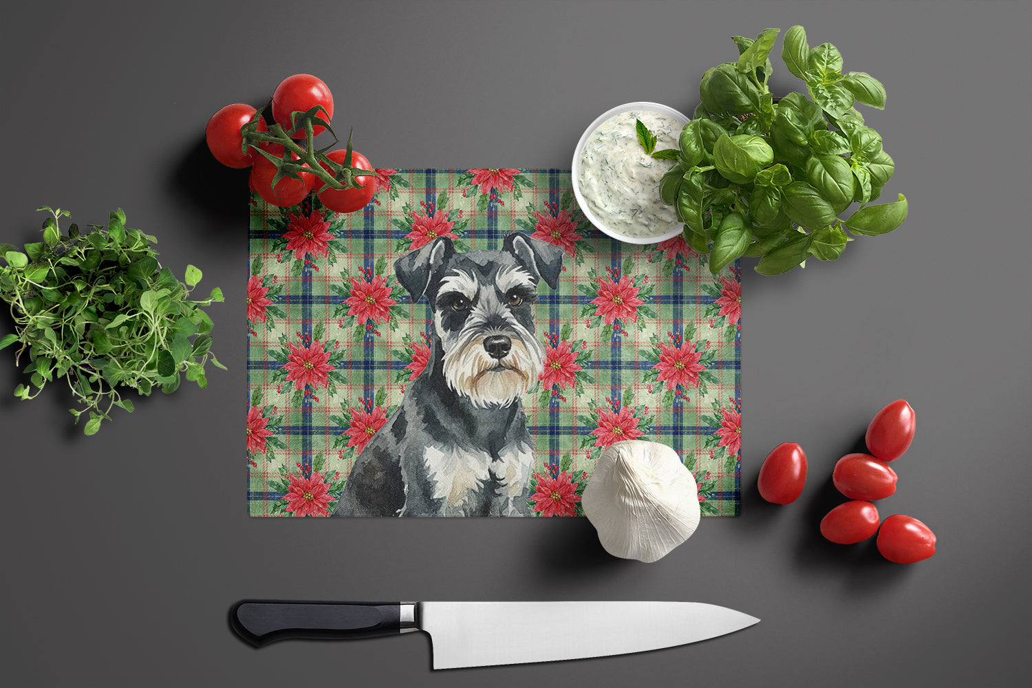 Black & Silver Miniature Schnauzer Christmas PoinsettIas Cutting Board Tempered Glass Kitchen Cutting Surface, Heat Resistant Chopping, Non-Slip Feet, Food Prep & Serving