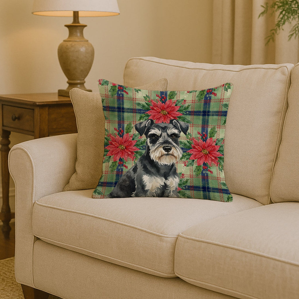 Black & Silver Miniature Schnauzer Christmas PoinsettIas Decorative Throw Pillow 14x14 Indoor Outdoor Accent Cushion, Fabric Cover with Insert for Sofa, Bed, Porch & Living Room