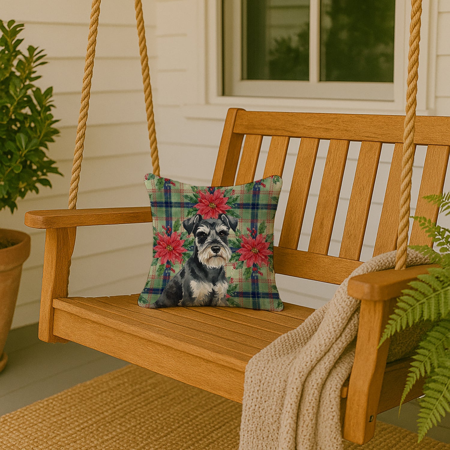 Black & Silver Miniature Schnauzer Christmas PoinsettIas Decorative Throw Pillow 14x14 Indoor Outdoor Accent Cushion, Fabric Cover with Insert for Sofa, Bed, Porch & Living Room