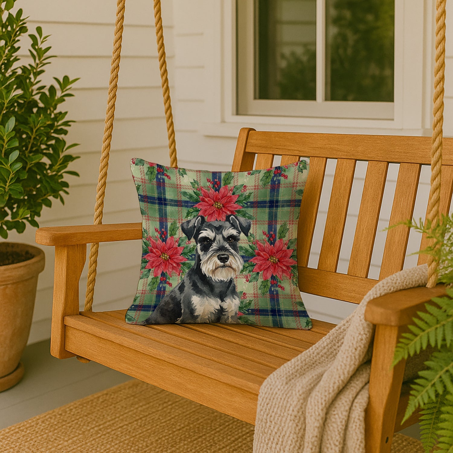 Black & Silver Miniature Schnauzer Christmas PoinsettIas Decorative Throw Pillow 18x18 Indoor Outdoor Accent Cushion, Fabric Cover with Insert for Sofa, Bed, Porch & Living Room