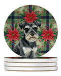 Black & Silver Miniature Schnauzer Christmas PoinsettIas Large Sandstone Coasters Pack of 4 Absorbent Round Coasters Decor Gifts for Men or Women, 4 in, Multicolor