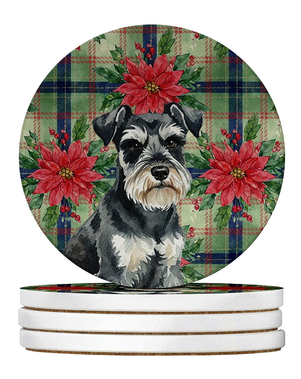 Black & Silver Miniature Schnauzer Christmas PoinsettIas Large Sandstone Coasters Pack of 4 Absorbent Round Coasters Decor Gifts for Men or Women, 4 in, Multicolor