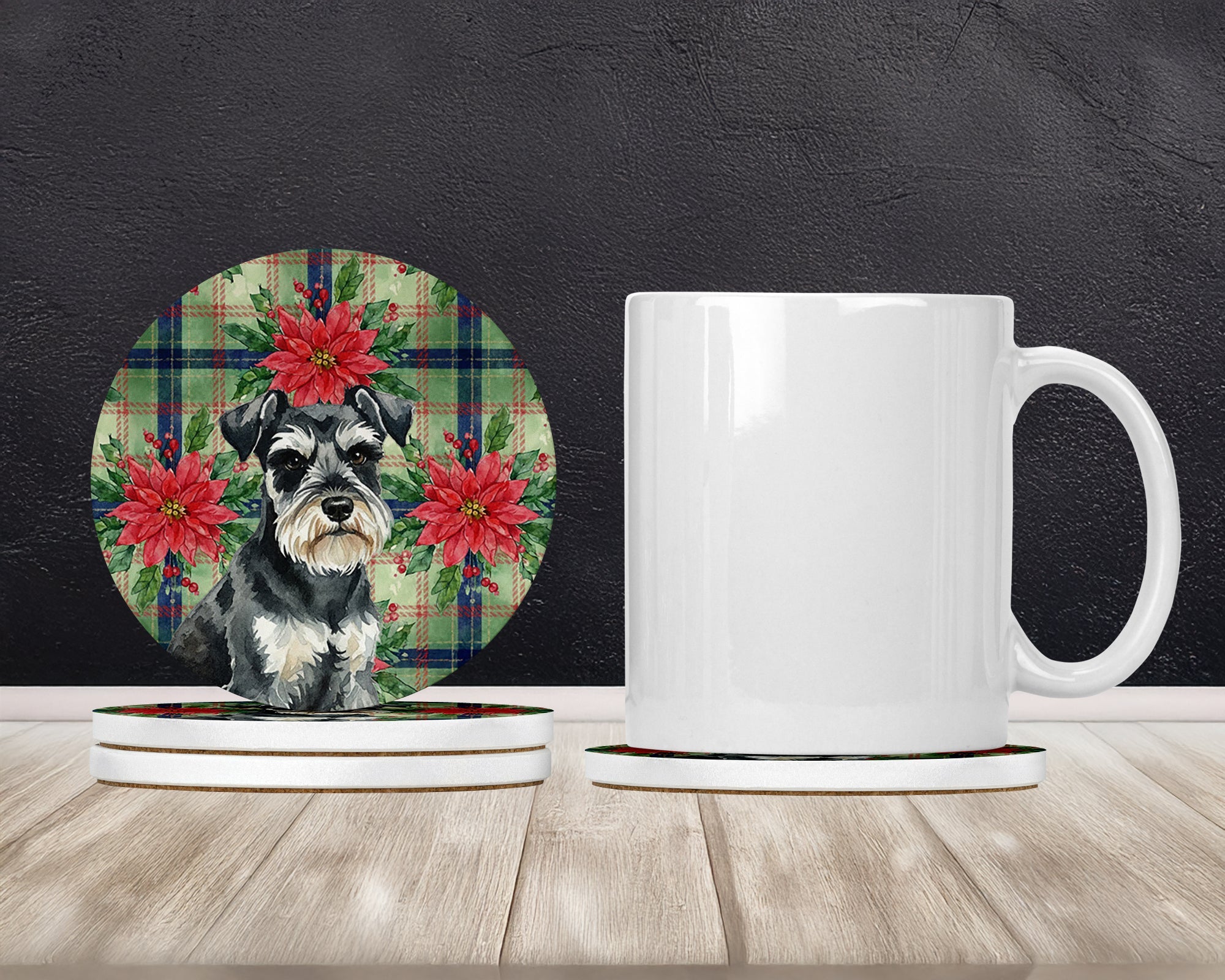 Black & Silver Miniature Schnauzer Christmas PoinsettIas Large Sandstone Coasters Pack of 4 Absorbent Round Coasters Decor Gifts for Men or Women, 4 in, Multicolor