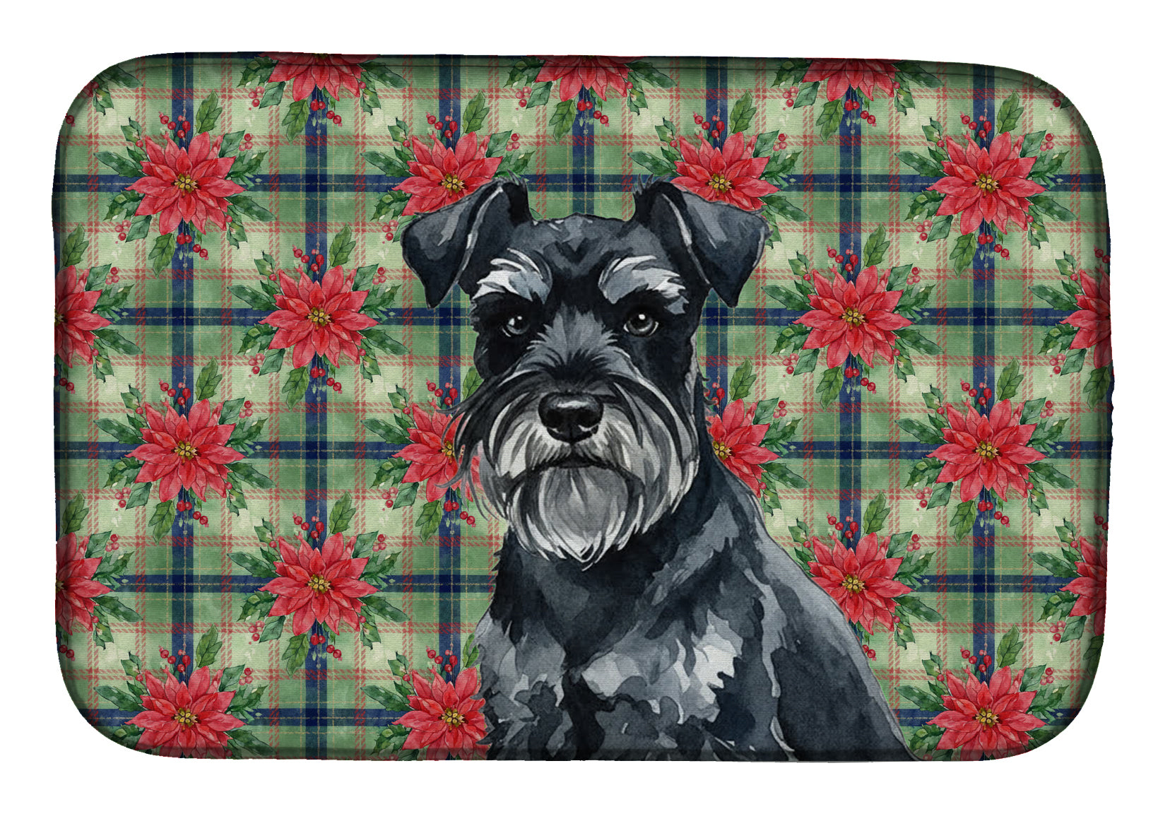 Black Miniature Schnauzer Christmas PoinsettIas Dish Drying Mat Absorbent Dish Drying Mat Pad for Kitchen Counter Dish Drainer Mat for Countertop, 14 x 21", Multicolor
