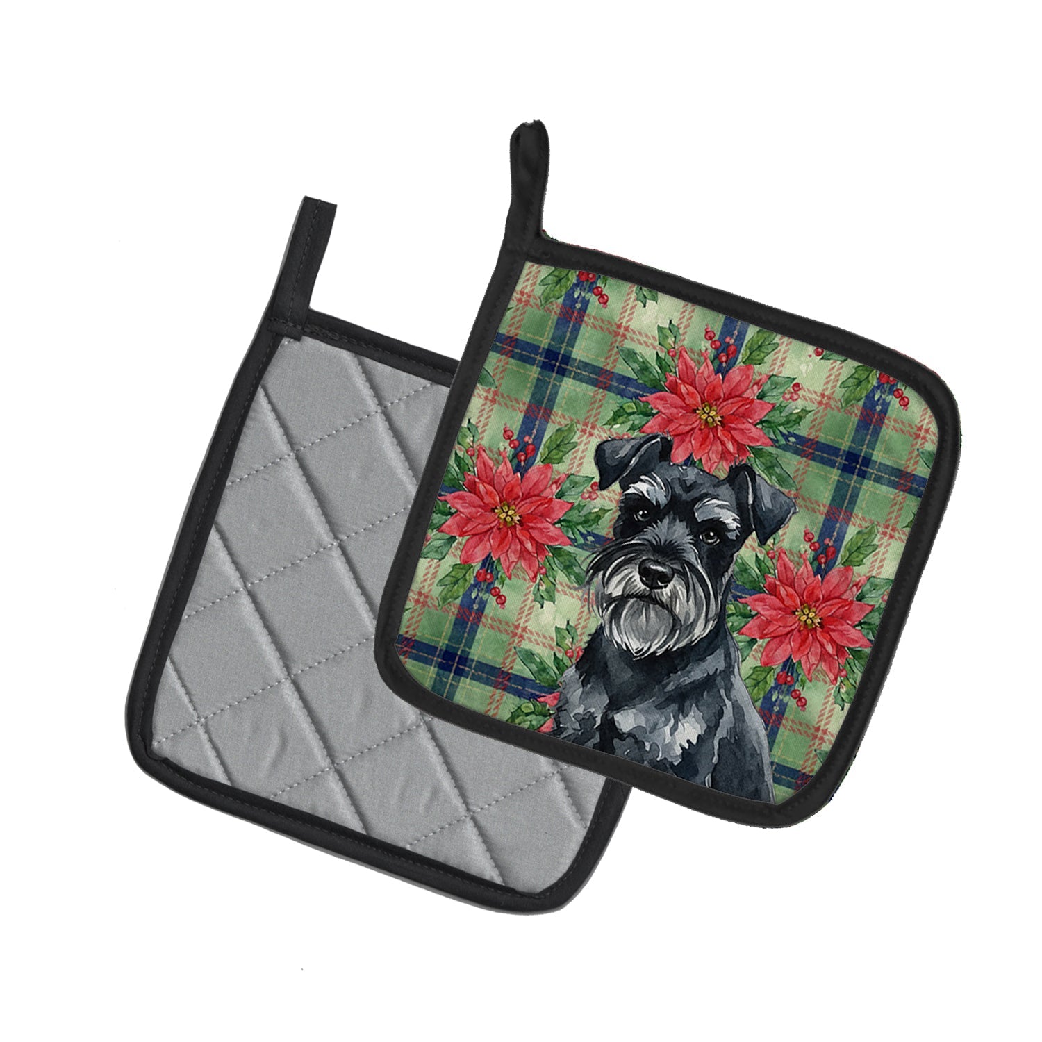 Black Miniature Schnauzer Christmas PoinsettIas Pot Holder Set of 2 Heat Resistant Quilted Hot Pads 7.5 x 7.5 Inch, Insulated Kitchen Trivets for Cooking & Baking