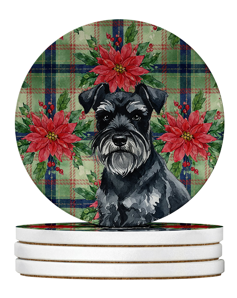 Black Miniature Schnauzer Christmas PoinsettIas Large Sandstone Coasters Pack of 4 Absorbent Round Coasters Decor Gifts for Men or Women, 4 in, Multicolor