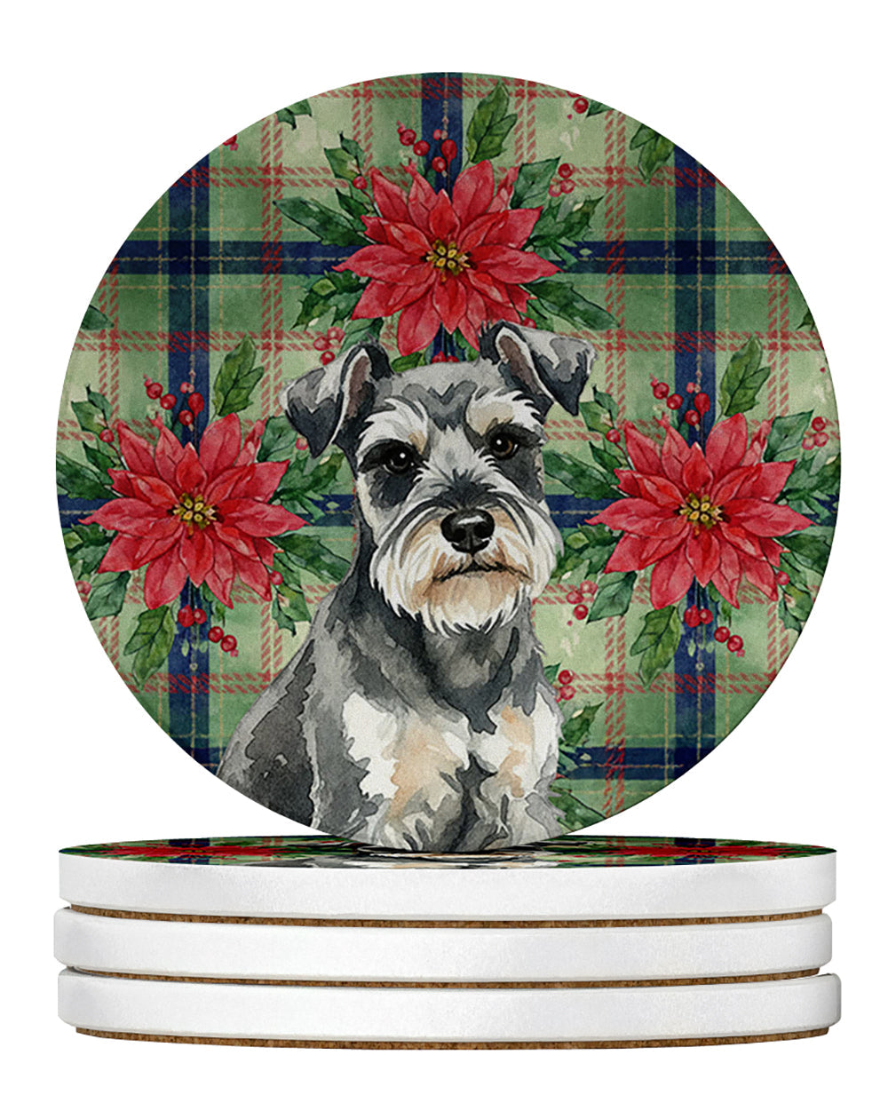 Miniature Schnauzer Christmas PoinsettIas Large Sandstone Coasters Pack of 4 Absorbent Round Coasters Decor Gifts for Men or Women, 4 in, Multicolor