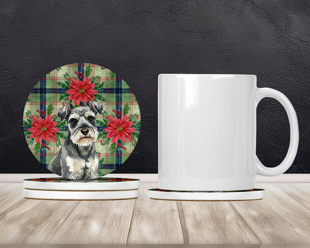 Miniature Schnauzer Christmas PoinsettIas Large Sandstone Coasters Pack of 4 Absorbent Round Coasters Decor Gifts for Men or Women, 4 in, Multicolor