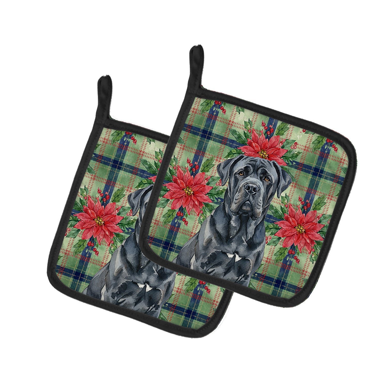 Black Neapolitan Mastiff Christmas PoinsettIas Pot Holder Set of 2 Heat Resistant Quilted Hot Pads 7.5 x 7.5 Inch, Insulated Kitchen Trivets for Cooking & Baking