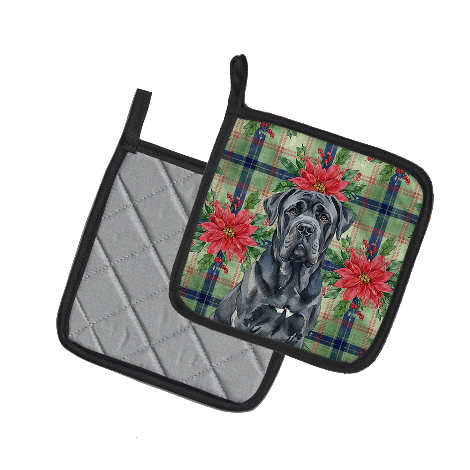 Black Neapolitan Mastiff Christmas PoinsettIas Pot Holder Set of 2 Heat Resistant Quilted Hot Pads 7.5 x 7.5 Inch, Insulated Kitchen Trivets for Cooking & Baking