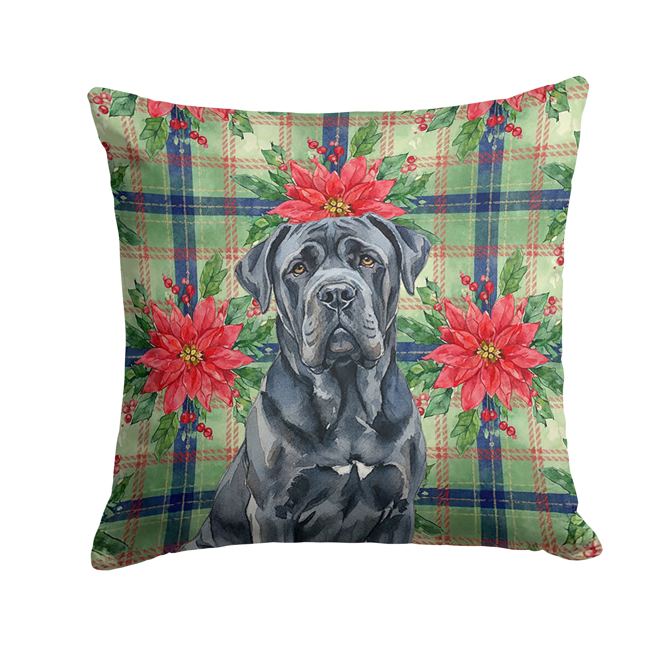 Black Neapolitan Mastiff Christmas PoinsettIas Decorative Throw Pillow 14x14 Indoor Outdoor Accent Cushion, Fabric Cover with Insert for Sofa, Bed, Porch & Living Room