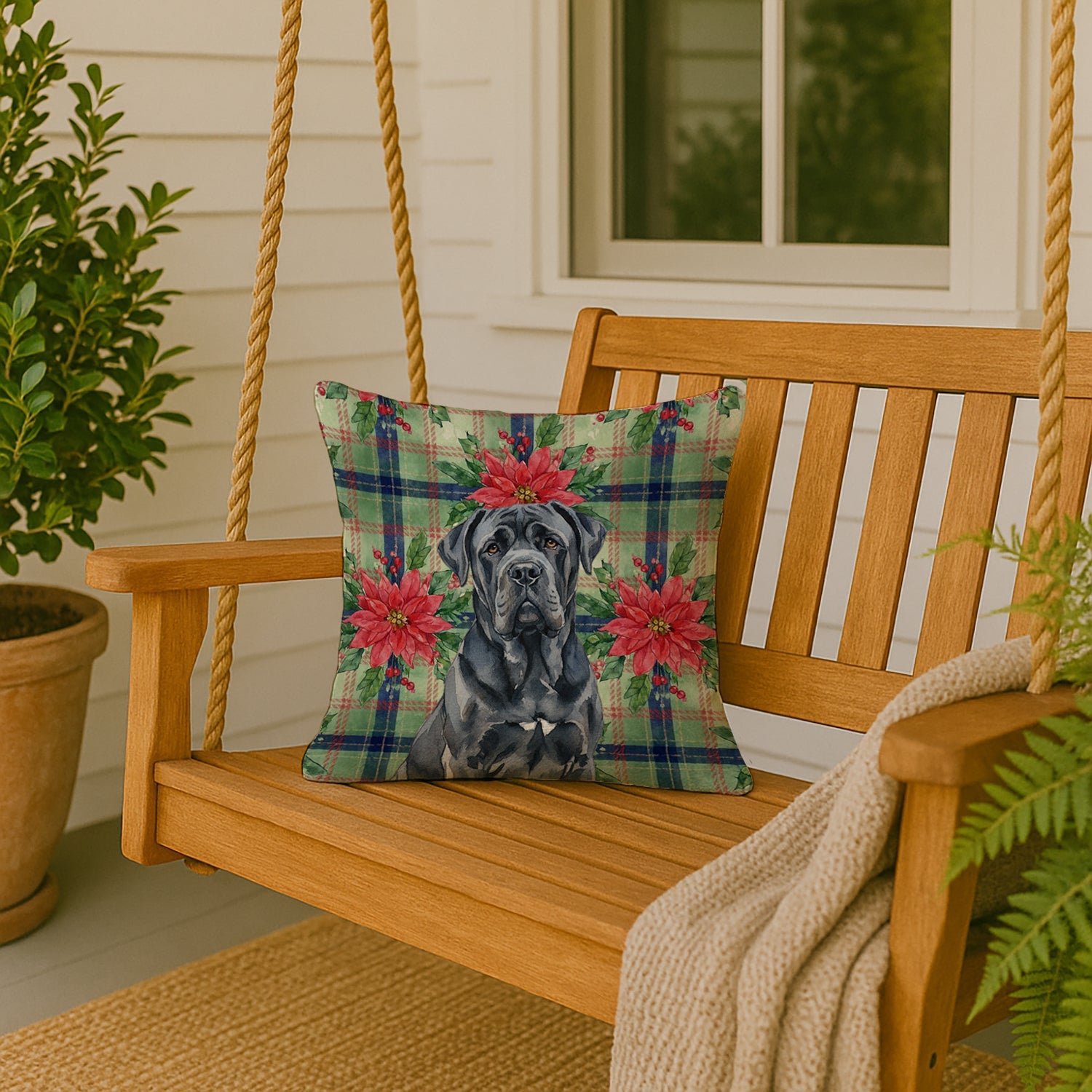 Black Neapolitan Mastiff Christmas PoinsettIas Decorative Throw Pillow 18x18 Indoor Outdoor Accent Cushion, Fabric Cover with Insert for Sofa, Bed, Porch & Living Room
