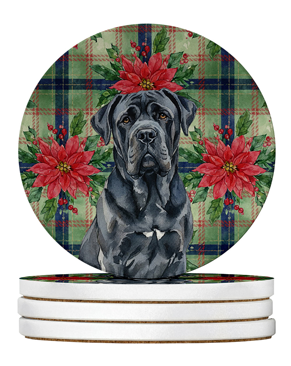 Black Neapolitan Mastiff Christmas PoinsettIas Large Sandstone Coasters Pack of 4 Absorbent Round Coasters Decor Gifts for Men or Women, 4 in, Multicolor