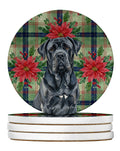 Black Neapolitan Mastiff Christmas PoinsettIas Large Sandstone Coasters Pack of 4 Absorbent Round Coasters Decor Gifts for Men or Women, 4 in, Multicolor