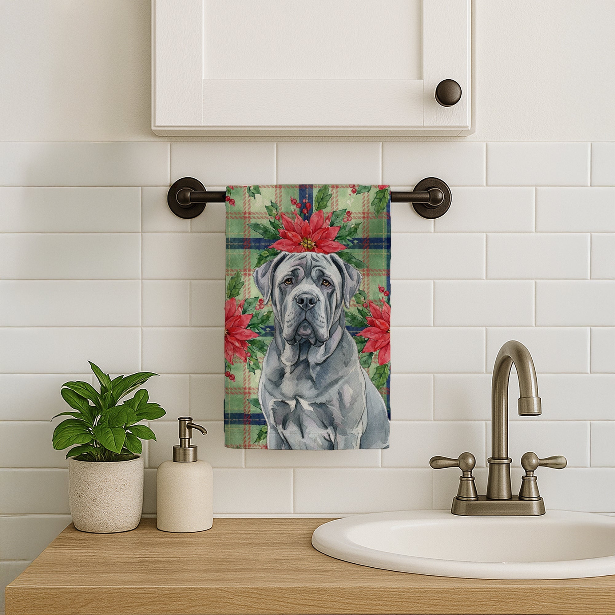 Blue Neapolitan Mastiff Christmas PoinsettIas Kitchen Towel Velour Plush Front and Cotton Loop Back Machine Washable