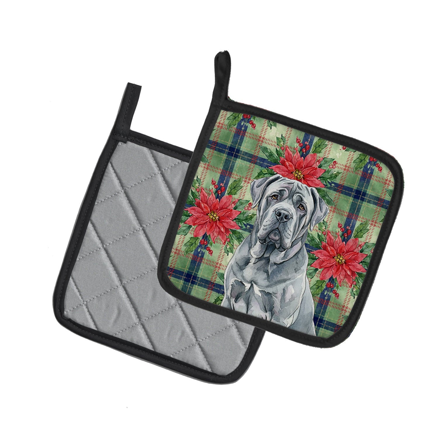 Blue Neapolitan Mastiff Christmas PoinsettIas Pot Holder Set of 2 Heat Resistant Quilted Hot Pads 7.5 x 7.5 Inch, Insulated Kitchen Trivets for Cooking & Baking