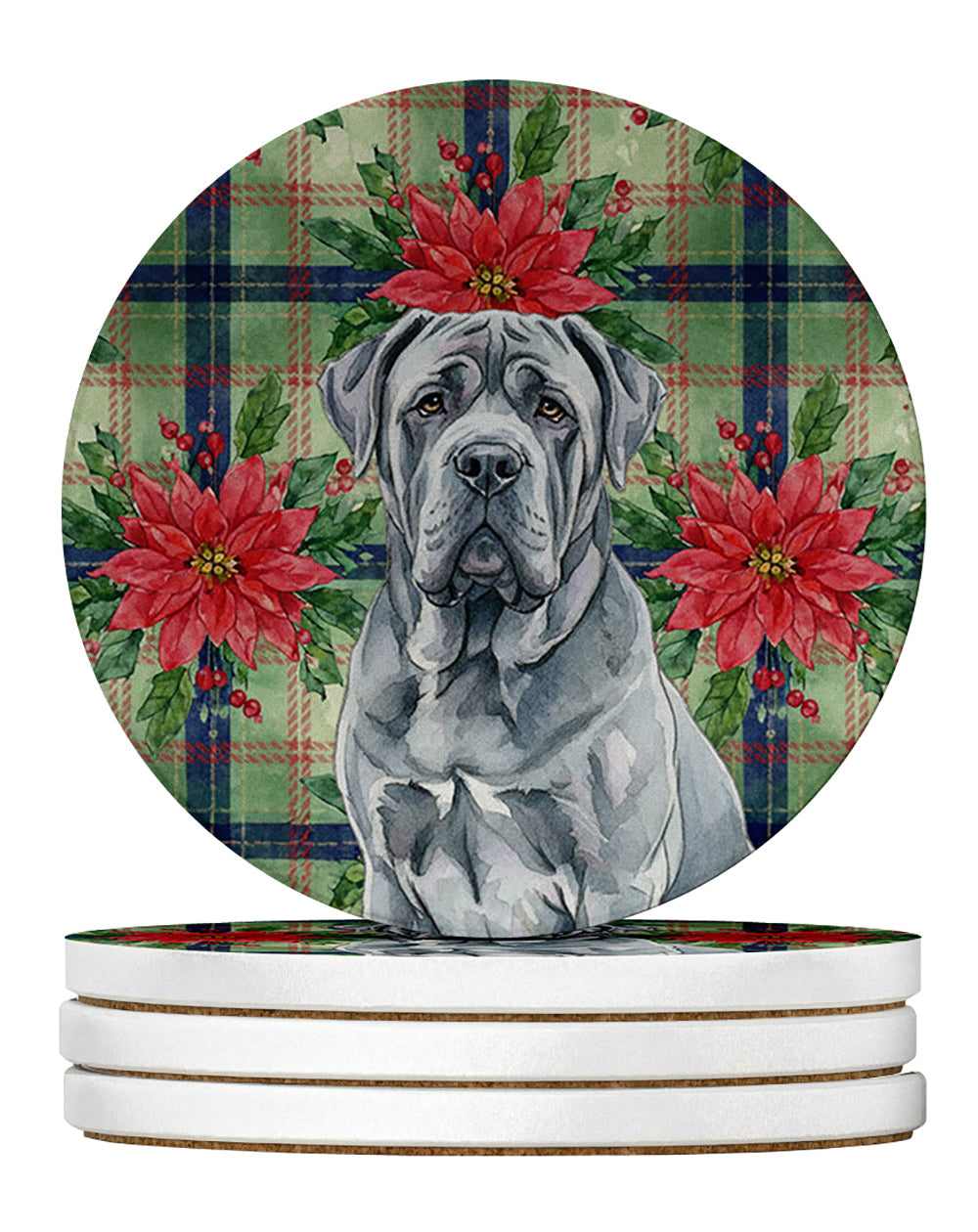 Blue Neapolitan Mastiff Christmas PoinsettIas Large Sandstone Coasters Pack of 4 Absorbent Round Coasters Decor Gifts for Men or Women, 4 in, Multicolor