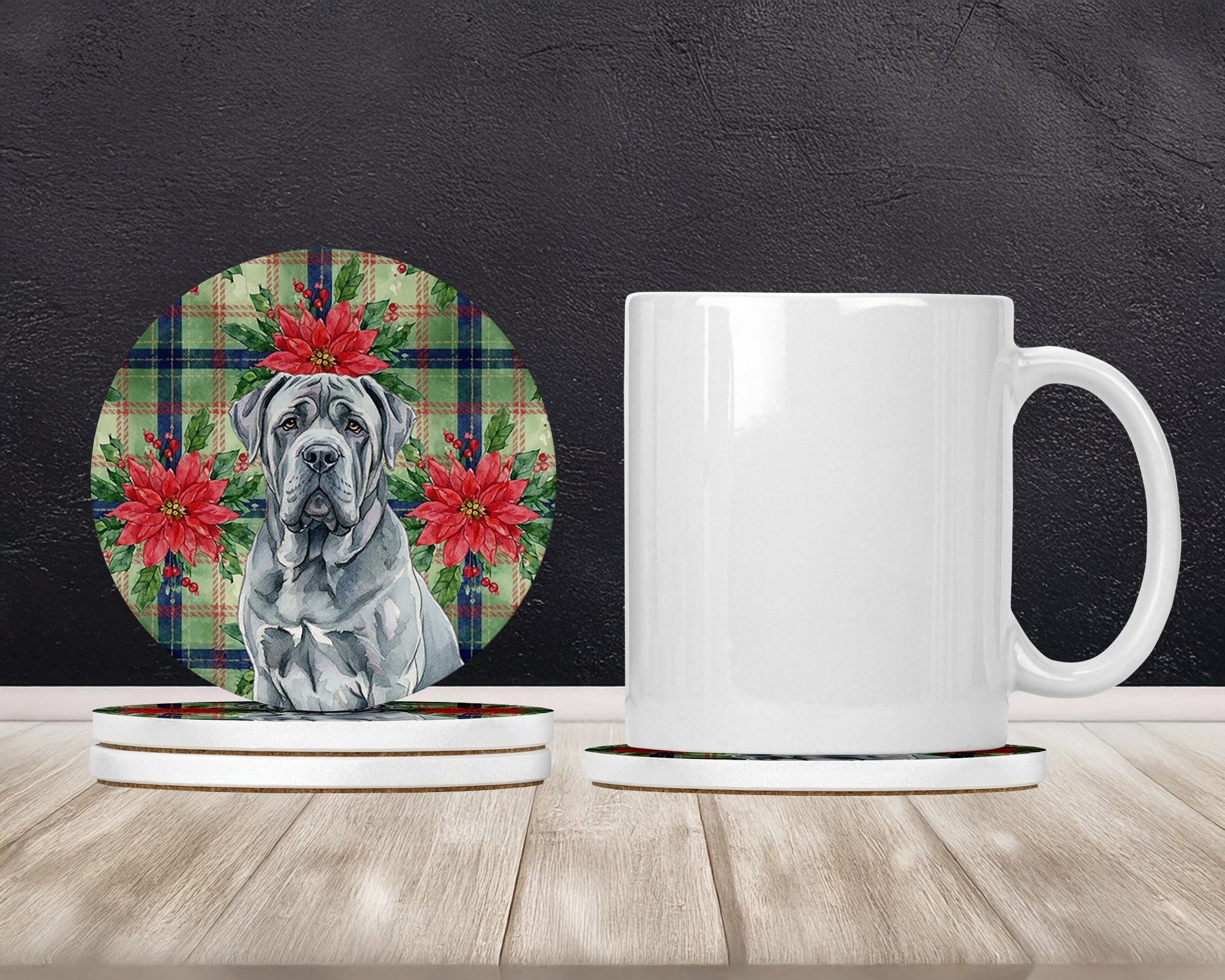 Blue Neapolitan Mastiff Christmas PoinsettIas Large Sandstone Coasters Pack of 4 Absorbent Round Coasters Decor Gifts for Men or Women, 4 in, Multicolor
