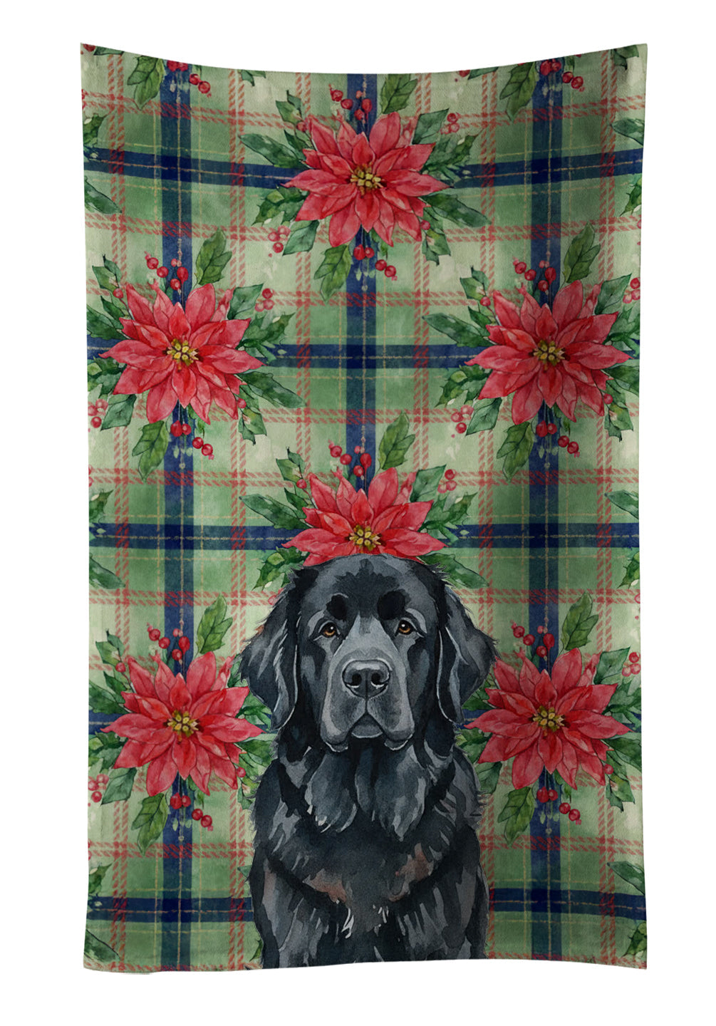 Black Newfoundland Christmas PoinsettIas Kitchen Towel Velour Plush Front and Cotton Loop Back Machine Washable