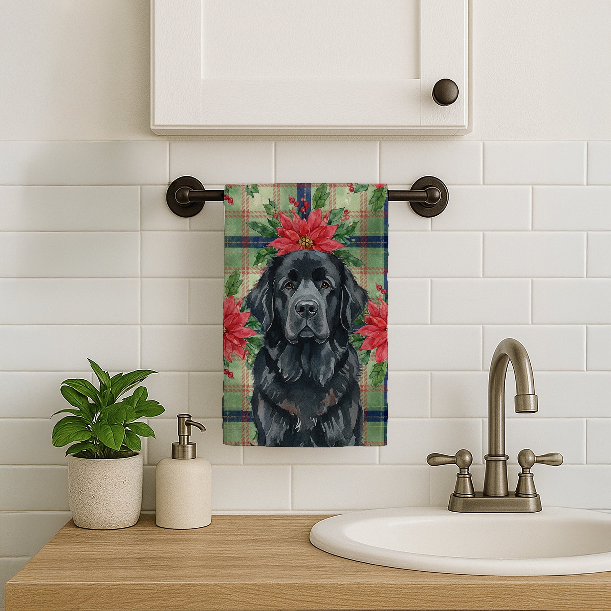 Black Newfoundland Christmas PoinsettIas Kitchen Towel Velour Plush Front and Cotton Loop Back Machine Washable