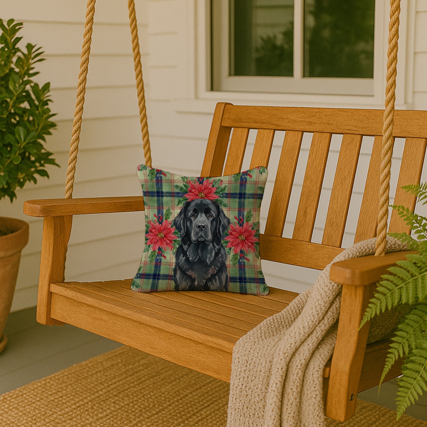 Black Newfoundland Christmas PoinsettIas Decorative Throw Pillow 14x14 Indoor Outdoor Accent Cushion, Fabric Cover with Insert for Sofa, Bed, Porch & Living Room