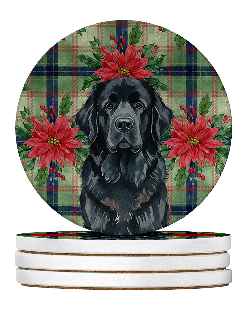 Black Newfoundland Christmas PoinsettIas Large Sandstone Coasters Pack of 4 Absorbent Round Coasters Decor Gifts for Men or Women, 4 in, Multicolor