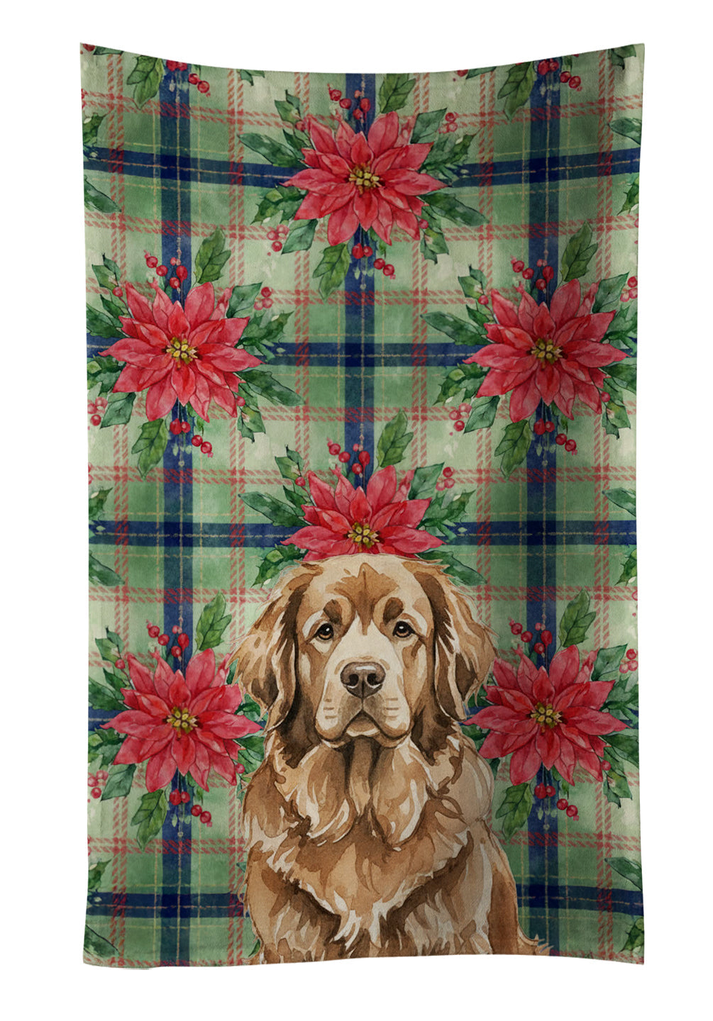 Brown Newfoundland Christmas PoinsettIas Kitchen Towel Velour Plush Front and Cotton Loop Back Machine Washable