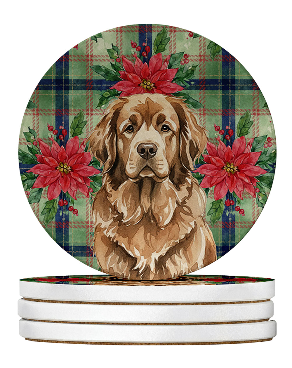 Brown Newfoundland Christmas PoinsettIas Large Sandstone Coasters Pack of 4 Absorbent Round Coasters Decor Gifts for Men or Women, 4 in, Multicolor