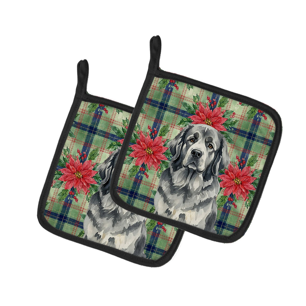 Gray Newfoundland Christmas PoinsettIas Pot Holder Set of 2 Heat Resistant Quilted Hot Pads 7.5 x 7.5 Inch, Insulated Kitchen Trivets for Cooking & Baking