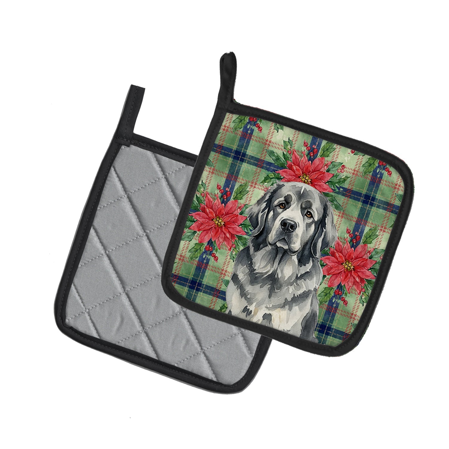 Gray Newfoundland Christmas PoinsettIas Pot Holder Set of 2 Heat Resistant Quilted Hot Pads 7.5 x 7.5 Inch, Insulated Kitchen Trivets for Cooking & Baking