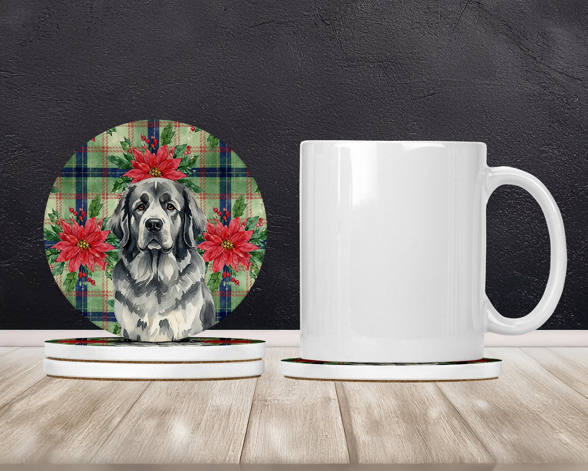 Gray Newfoundland Christmas PoinsettIas Large Sandstone Coasters Pack of 4 Absorbent Round Coasters Decor Gifts for Men or Women, 4 in, Multicolor
