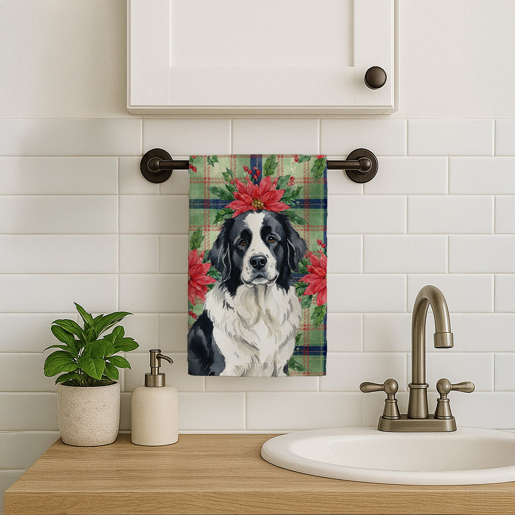 Landseer Newfoundland Christmas PoinsettIas Kitchen Towel Velour Plush Front and Cotton Loop Back Machine Washable