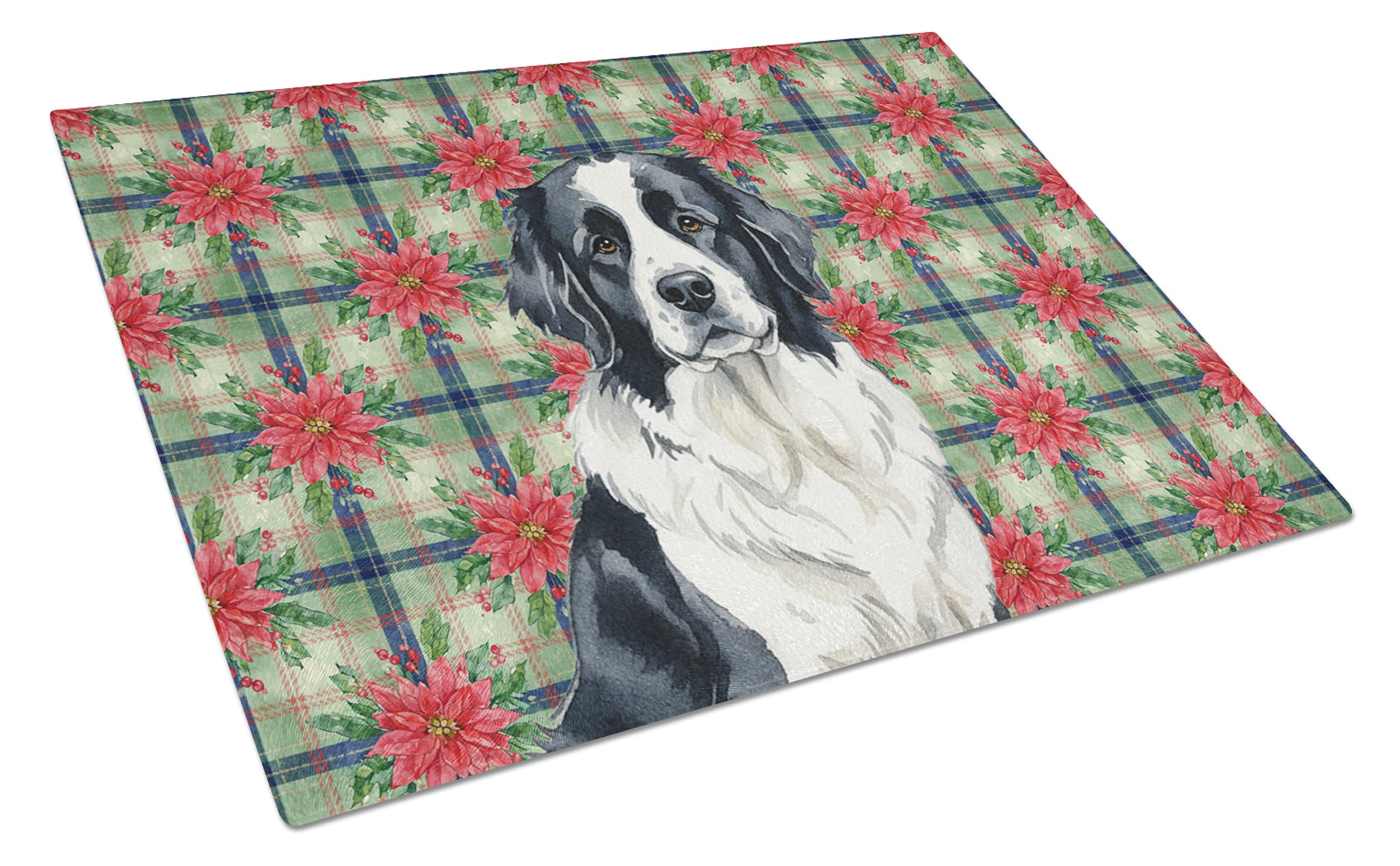 Landseer Newfoundland Christmas PoinsettIas Cutting Board Tempered Glass Kitchen Cutting Surface, Heat Resistant Chopping, Non-Slip Feet, Food Prep & Serving