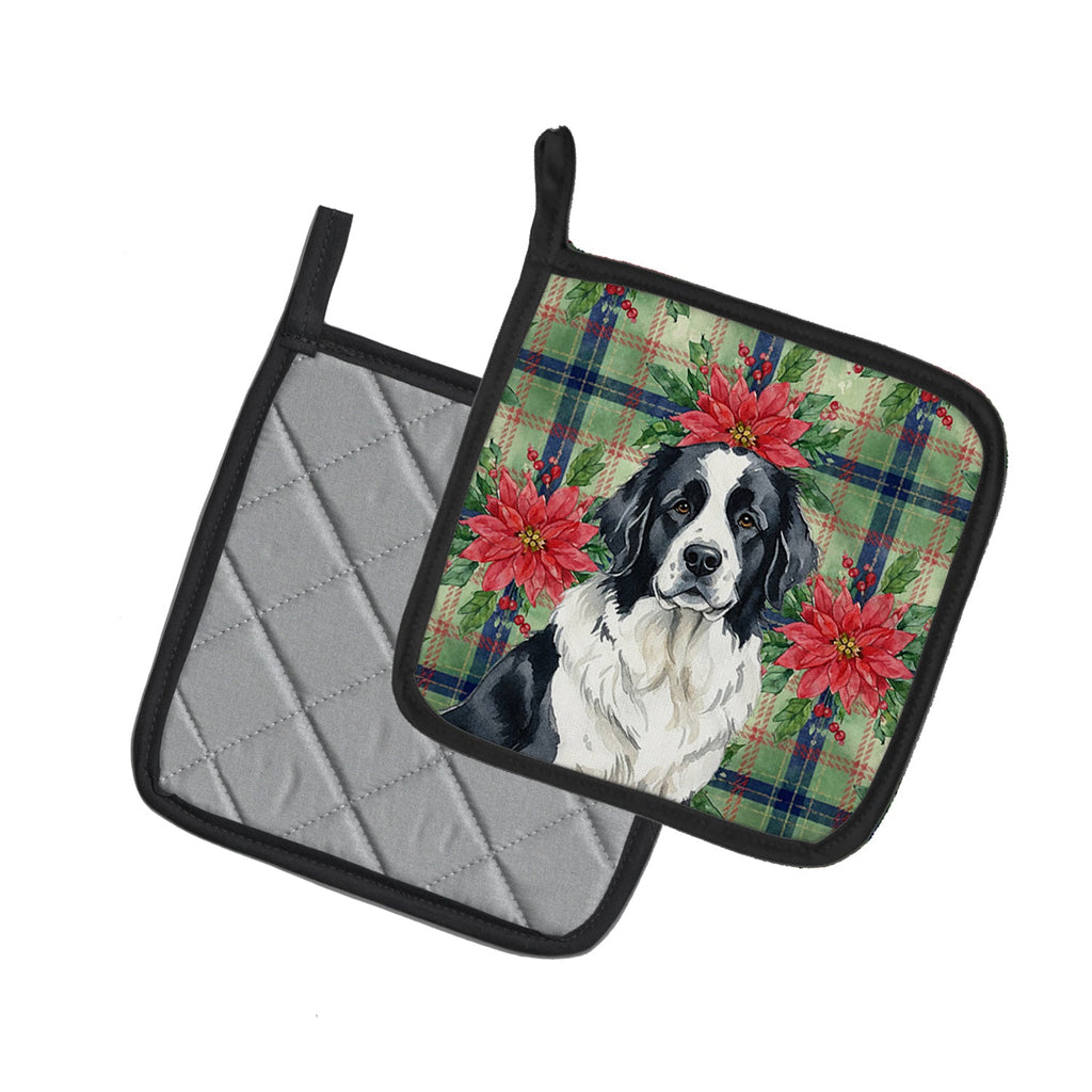 Landseer Newfoundland Christmas PoinsettIas Pot Holder Set of 2 Heat Resistant Quilted Hot Pads 7.5 x 7.5 Inch, Insulated Kitchen Trivets for Cooking & Baking