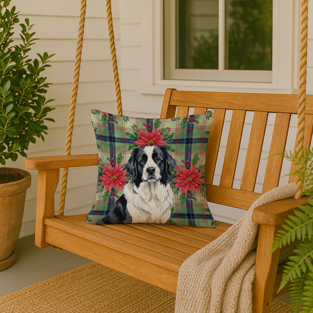 Landseer Newfoundland Christmas PoinsettIas Decorative Throw Pillow 18x18 Indoor Outdoor Accent Cushion, Fabric Cover with Insert for Sofa, Bed, Porch & Living Room