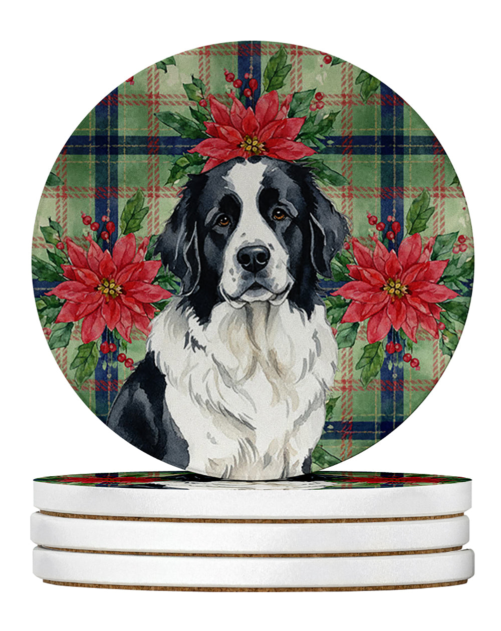 Landseer Newfoundland Christmas PoinsettIas Large Sandstone Coasters Pack of 4 Absorbent Round Coasters Decor Gifts for Men or Women, 4 in, Multicolor
