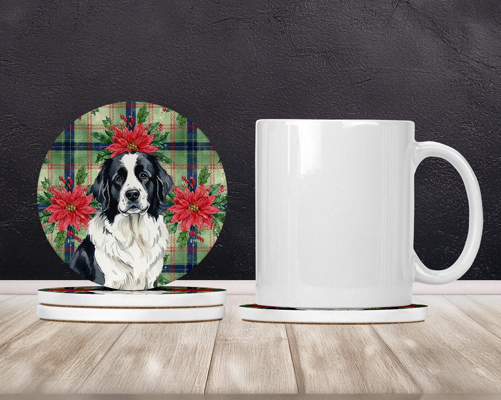 Landseer Newfoundland Christmas PoinsettIas Large Sandstone Coasters Pack of 4 Absorbent Round Coasters Decor Gifts for Men or Women, 4 in, Multicolor